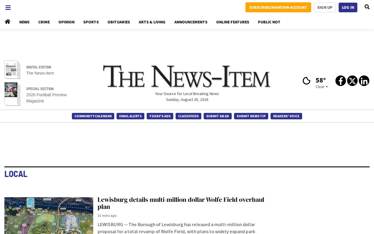 Northumberland County arrest-record news source, News-Item local news page