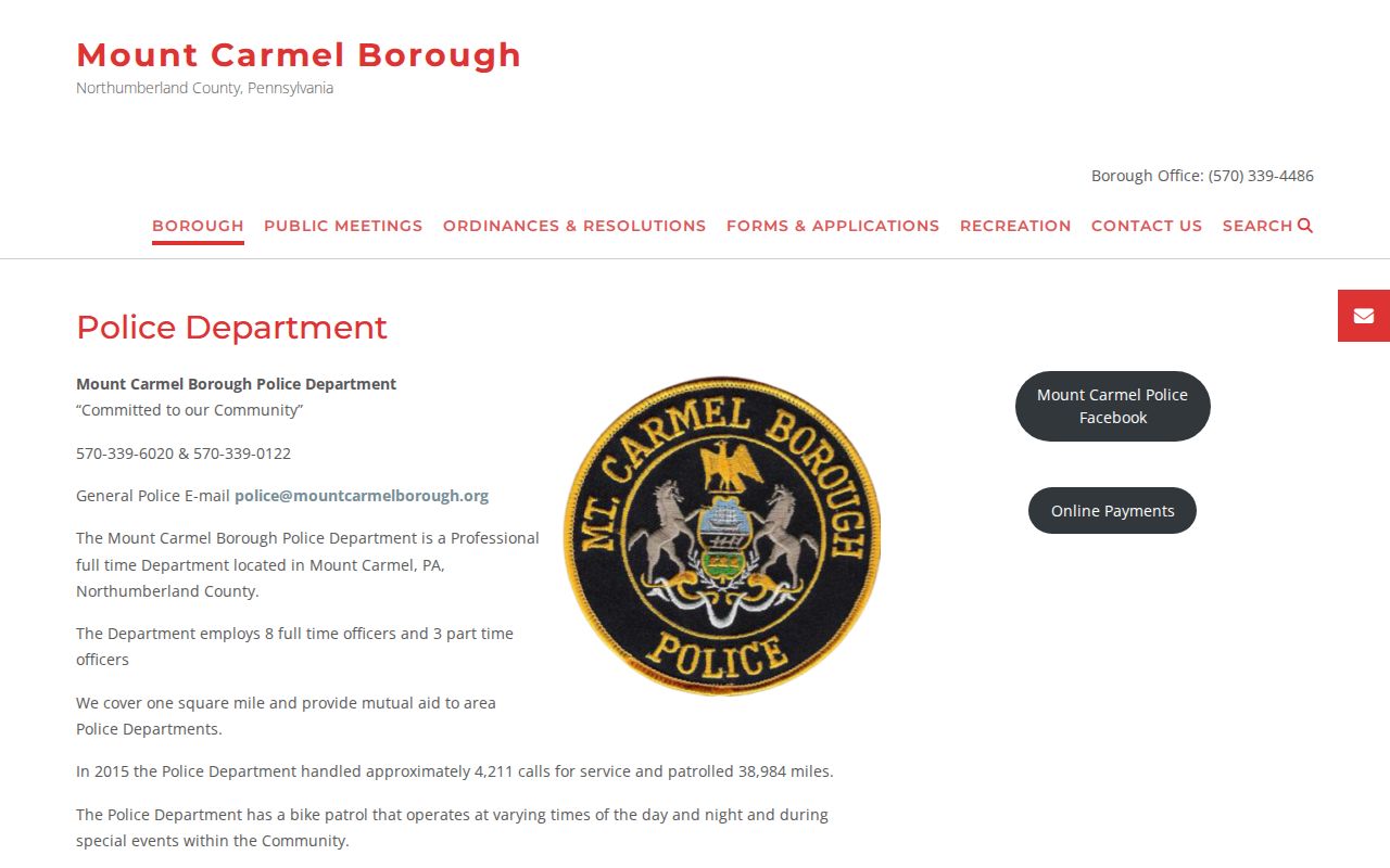 Mount Carmel Borough Police official page for Northumberland County arrest record contact