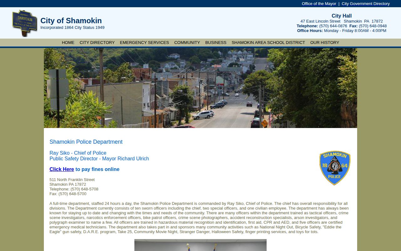 Shamokin Police Department official page for Northumberland County arrest record contact